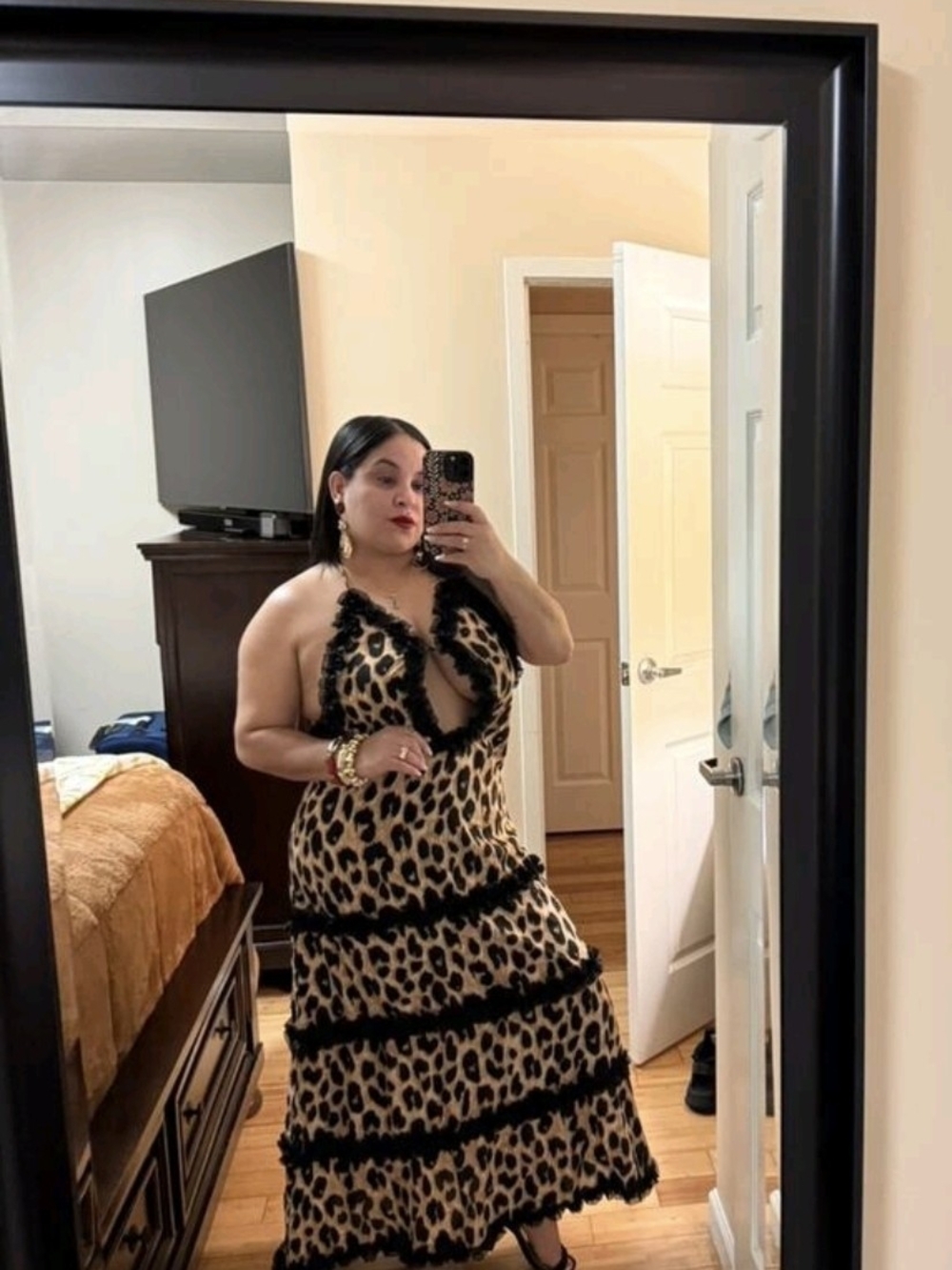 SHEIN Leopard Print Backless Halter Maxi Dress with Black Trim(21) - Picture 2 of 2